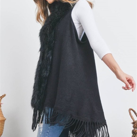 BLACK FAUX FUR TRIM FRINGE SWEATER VEST - Picture 5 of 7
